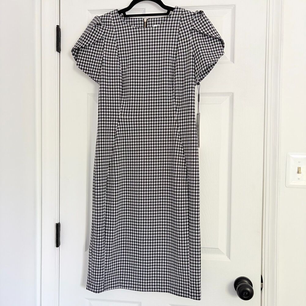 Calvin Klein Checkered Plaid Puff Sleeve Sheath Dress NWT Size 8